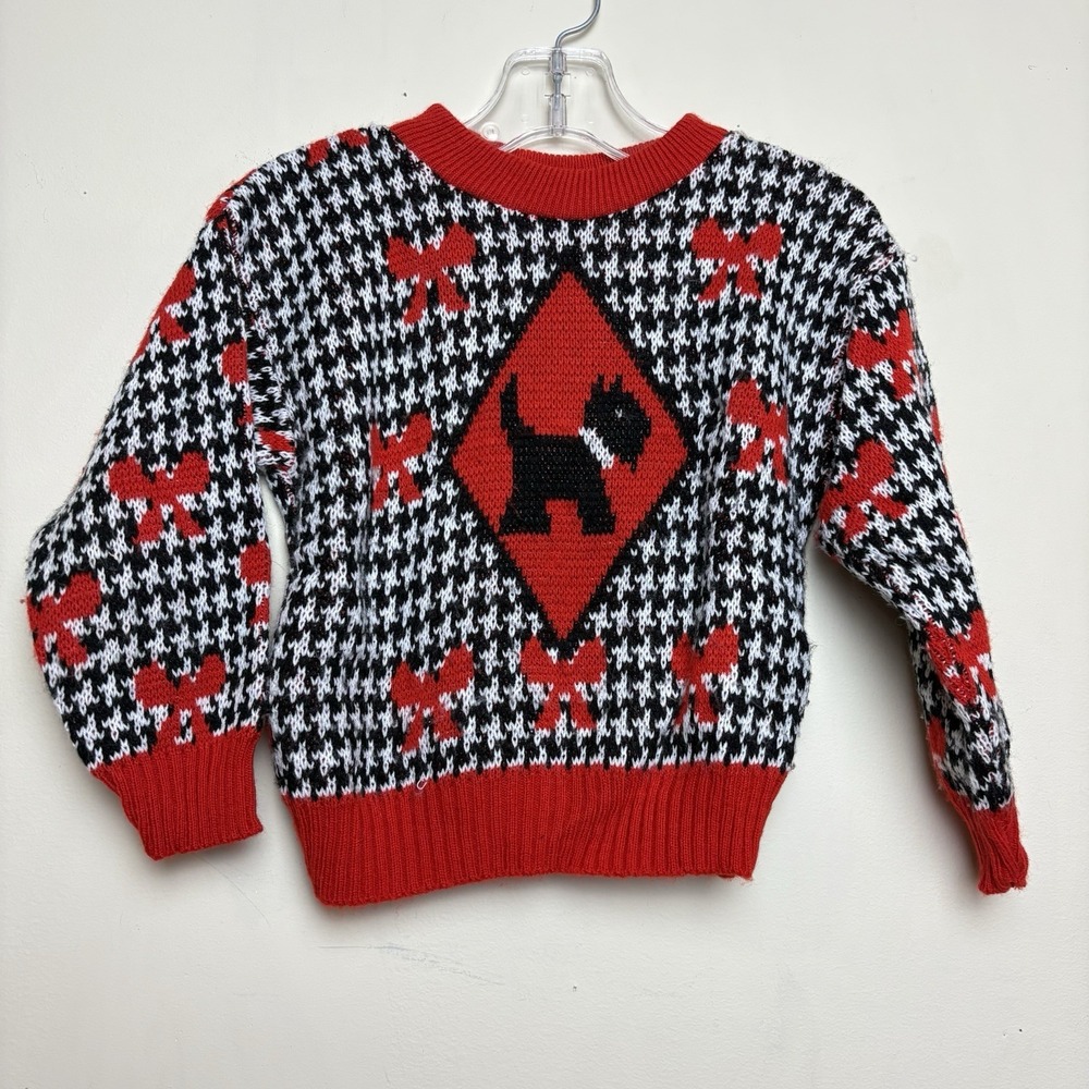 VINTAGE Color Kids Scottish Terrier Houndstooth Sweater Red 90s Bows 3T